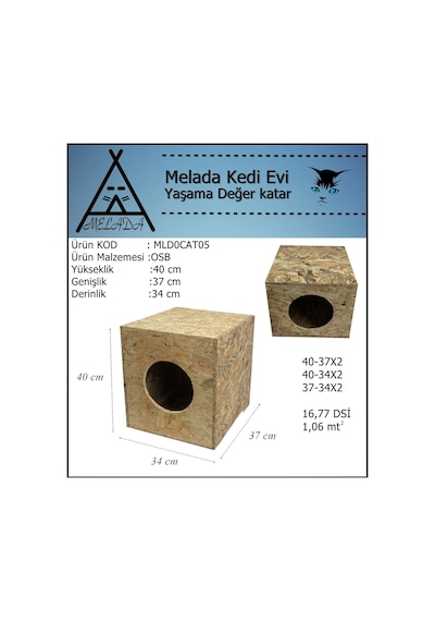 Melada Kedi Evi Dış Ortam Uygun Ahşap Kedi Evi Osb 40x37x34 Cm