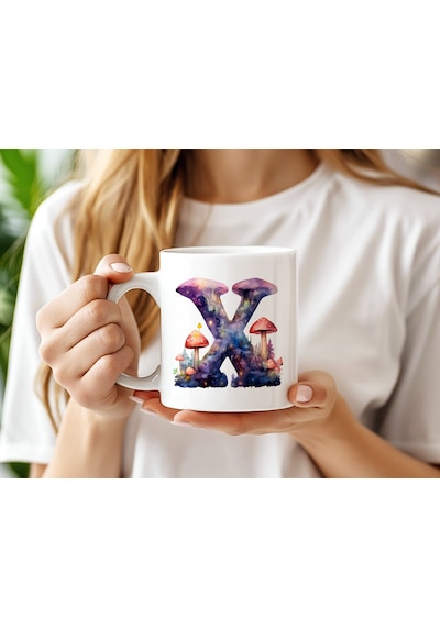 X Baş Harfi Fantastik Mantarlı Kupa Bardak - Kişiye Özel Masalsı Bardak - Hediye Beyaz