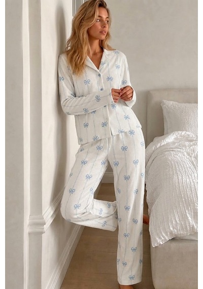Fit Women Kadın Desenli Düğmeli Uzun Kollu Beyaz Pijama Takımı