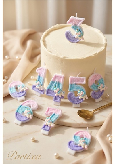 Unicorn Figürlü Pastel Renkli Rakam Mum Doğum Günü Pasta Süsü