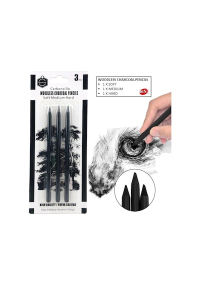 Odunsuz Kömür Kalemi. 3 Lü Set. Çizim Kalemi. Füzen. Eskiz Kalemi