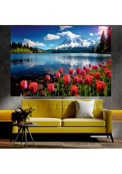 Laleler Ve Karlı Dağ Manzaralı Sanatsal Dekoratif Duvar Tablosu 70x100 Cm