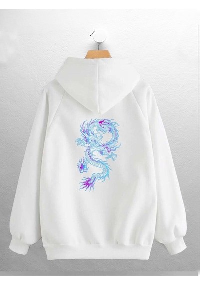 Macklin Unisex Kadın Erkek Mavi Ejderha Baskılı Sweatshirt Beyaz Mck0913 Beyaz