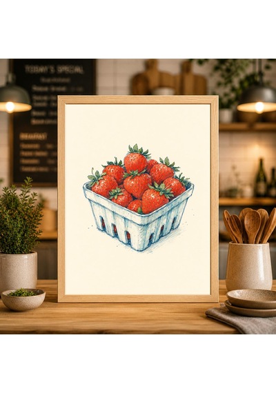 Çilek Sanat Baskısı Modern Çiftlik Evi Mutfak Dekorasyonu Yaz Meyve Sepeti İllüstrasyonu