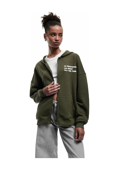 Koton Şardonlu Baskılı Fermuarlı Kapüşonlu Kadın Oversize Sweatshirt 6wal10142ık Haki