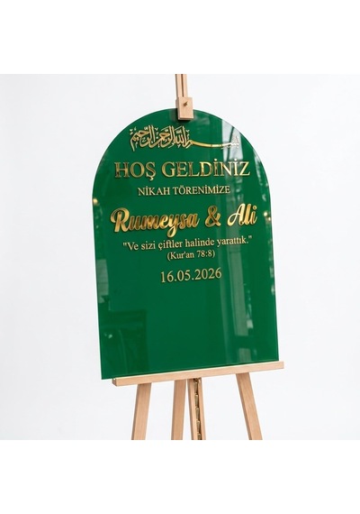 Zümrüt Yeşil Akrilik Düğün Karşılama Panosu 50x80 Cm Gold Yazılı Nikah Tabelası Büyük Boy