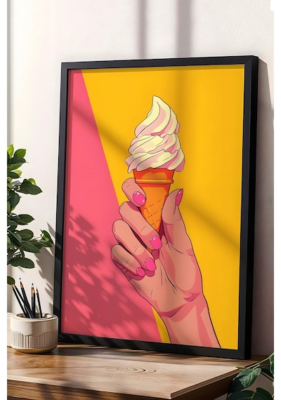 Dondurma Tutan El Yumuşak Dondurma Külah Çerçeveli Tablo - Pop Art Poster Tablo