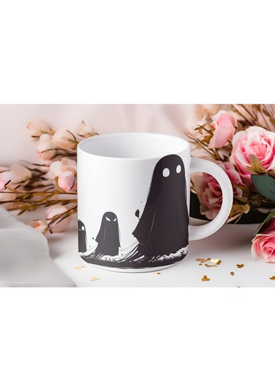 Spooky Ruhlu Hayalet Ailesi Kupa Tatlı Öcü Desenli Bardak - Eğlenceli Cadılar Bayramı Tasarımı Beyaz