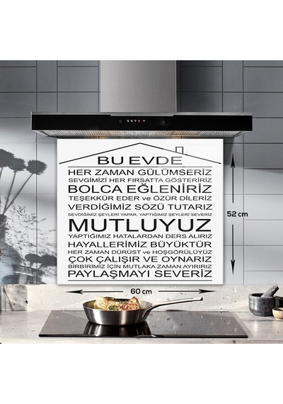 Decorita Cam Ocak Arkası Koruyucu |Bu Ev-Beyaz Fon| 52cm x 60cm