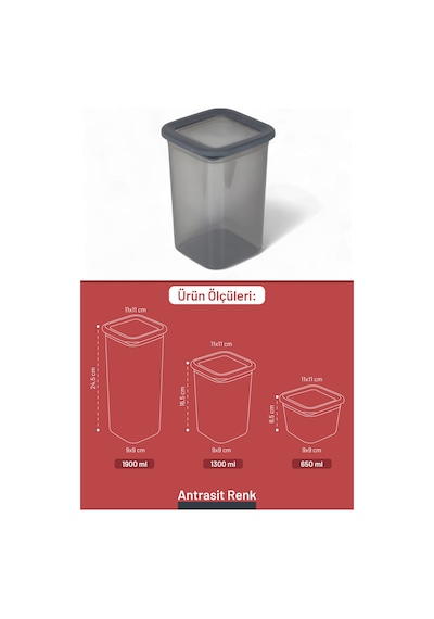 İronika 6'lı Sızdırmaz Silikon Kapaklı Etiketli Jumbo Boy 1900 Ml Kare Erzak Bakliyat Saklama Kabı Antrasit Antrasit