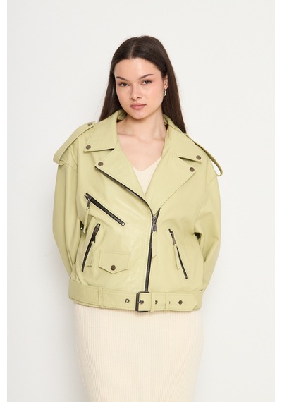 M M Marki Marki Kadın Hakiki Jumbo Deri Ceket Biker Tarz, Kemerli, Oversize, Apoletli, 65 Cm, Su Yeşili - 116622x