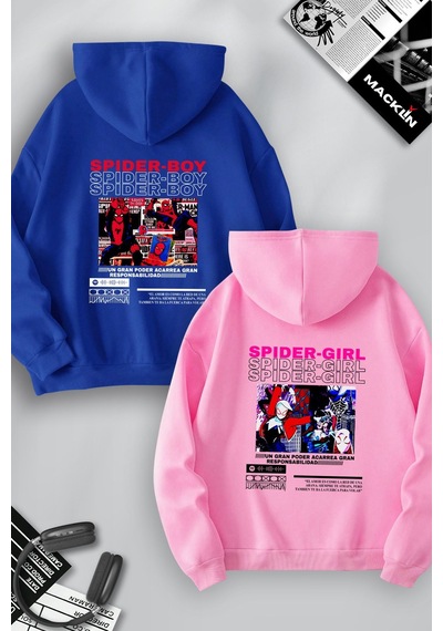 Macklin Sevgili Çift Kombin Spider Boy Ve Girl Sırt Baskılı Özel Tasarım Kapüşonlu Sweatshirt 2li Set Takım Mavi Pembe Mck1045 Çok Renkli
