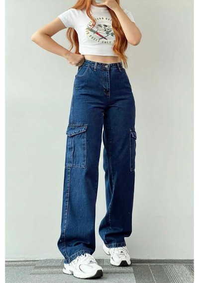 Lavajeans Kadın Koyu Mavi Likralı Kargo Cep Lavajeans Wide Leg Mavi Koyu P1 Koyu Mavi