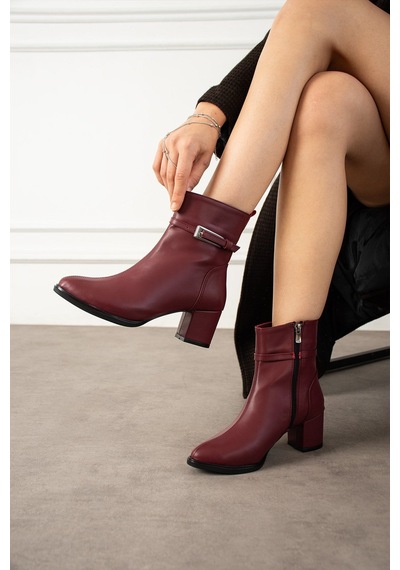 Dabab Shoes Astraya Kadın Bordo Tokalı Topuklu Kısa Konç Şık Kışlık Bot Bootie