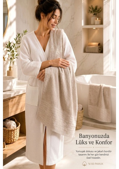 2'li Büyük Boy Banyo Havlusu 90x150 Cm %100 Pamuk Siena Collection 650 Gr Bej