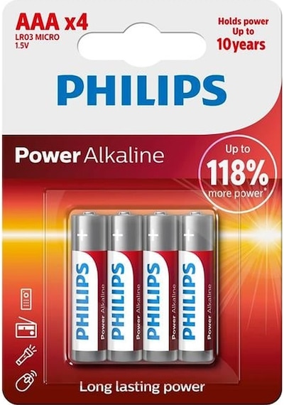 Philips Power Alkaline Aaa Lr03 1.5v İnce Kalem Pil 4'lü Paket Lr03p4b/10