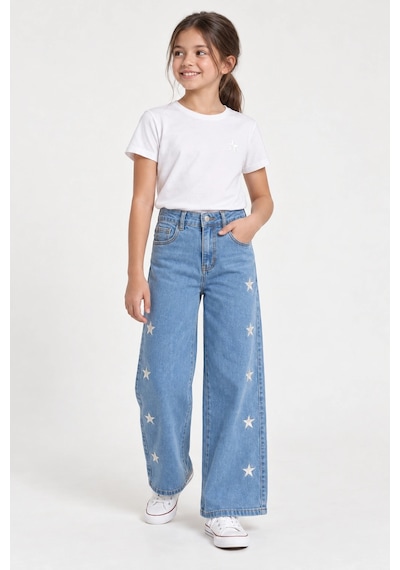 Rony Pony Kids Kız Çocuk Yıldız Nakışlı Bol Paça Jean Pantolon Açık Mavi Yüksek Bel Denim