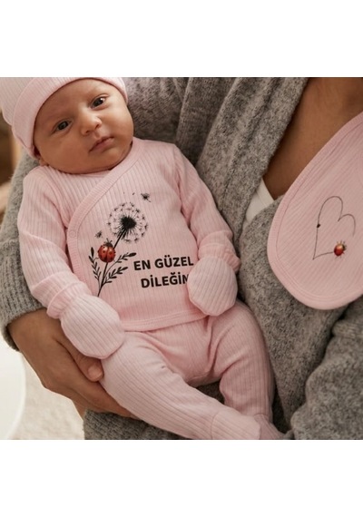Lexroo %100 Pamuk Yenidoğan Bebek Hastane Çıkış Seti En Güzel Dileğim Yazılı Pembe 5'li Bebek Takımı