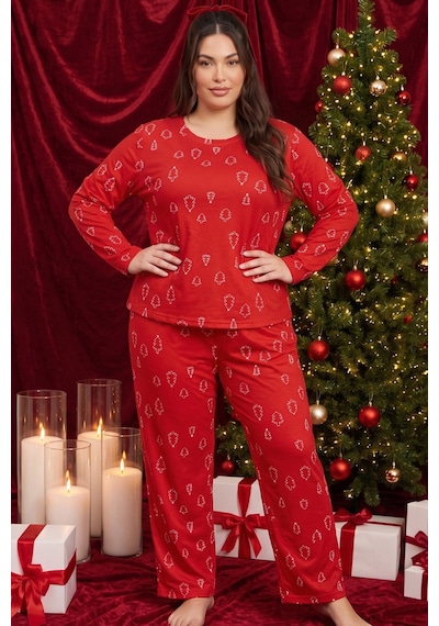 Siyah İnci Yılbaşı Temalı Desenli Termal Kumaşlı Ultra Soft Yumuşak Büyük Beden Battal Boy Örme Pijama Takımı 26226716 Kırmızı