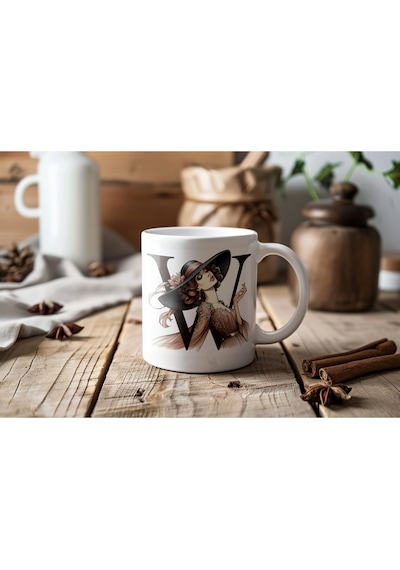 W Baş Harf Kadın Figürlü Kupa Bardak - Kişiye Özel Feminen Konsept Hediye - Zarif Kadın Figürler Beyaz
