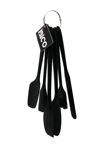 Lunaev 6pcs Silikon - Siyah Mutfak Seti 2 Kaşık - 3 Spatula - Yumurta Fırça Metal Asma Halkalı Açık Gri