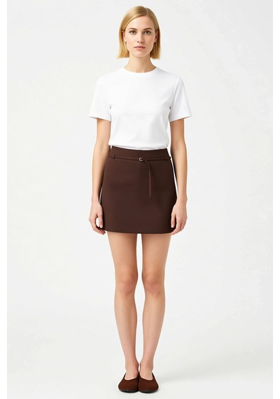 Benerly Kadın Mini Şort Etek Yüksek Düz Desen Finike Dokuma Kumaş Kemer D Koyu Kahverengi