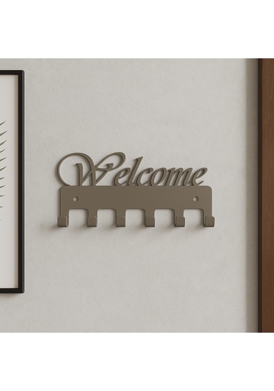 Lunoart Welcome Yazılı Metal Anahtarlık Askısı Duvar Tipi Şık Anahtar Düzenleyici Vizon