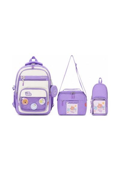 Kawaii Kore Tarzı Aksesuarlı 3'lü Set Lila Kız Çocuk Okul Çantası İlkokul Sırt Çantası Beslenme Çantası Kalemlik