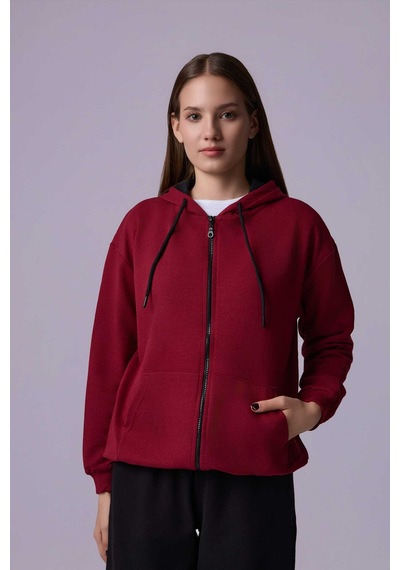 Defys Defy S Kadın Oversize Kapüşonlu Fermuarlı Cepli Sweatshirt Bordo - 527346818 Bordo