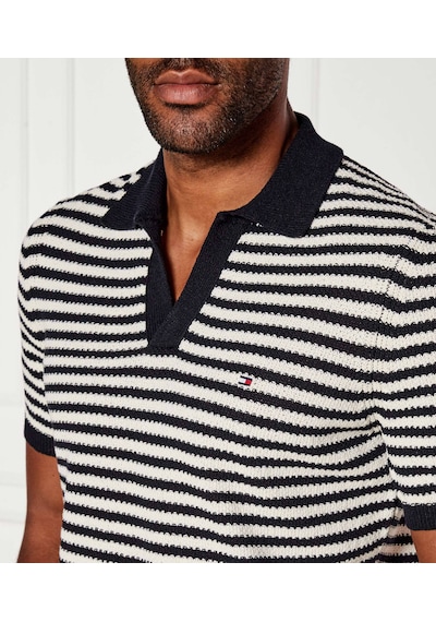 Tommy Hilfiger Örgü Dokulu Keten İplik Dokuma Polo T-shirt Siyah