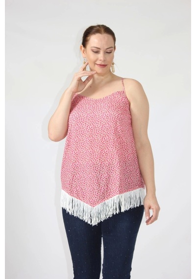 Moda Berray 3280 Etnik Desenli Eteği Saçaklı İnce Askılı Yazlık Bluz Pembe