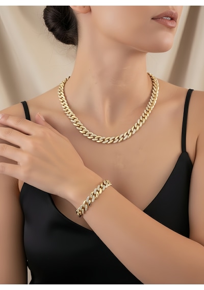 Eva Takı Store Xuping Küba Zinciri Cuban Lınk Hip Hop Rhinestone Set Gold