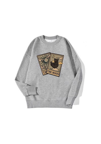 Tarzsokak Rahat Vintage Kadın Tişörtü Tarot Ayı Ve Ay Baskılı Kapüşonlular Polar Sıcak Kazak Sokak Crew Gri