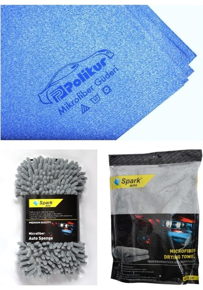 Polikur 3356 Güderi Oto Kurulama Bezi & Spark 7040 Yıkama Süngeri & Spark 2316 Peluş Bez 3'lü Set
