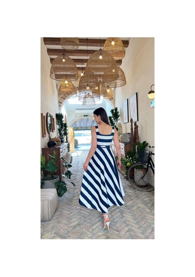 Moda Banuş Çizgili Kemer Detaylı A Kesim Lacivert Elbise-dar Kalıp