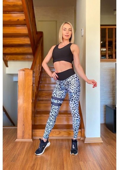 Lismina Bacağı Ve Beli Siyah Şeritli Leopar Desen Spor Tayt Mavi