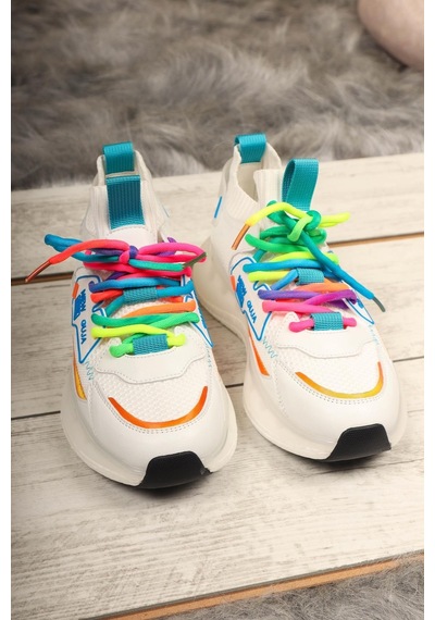 Guja Renkli Bağcıklı Triko Unisex Spor Ayakkabı Beyaz-Beyaz