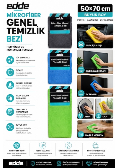 Edde Araba Araç Oto Mikrofiber Genel Temizlik Bezi 50 70 Cm Oto Detailing