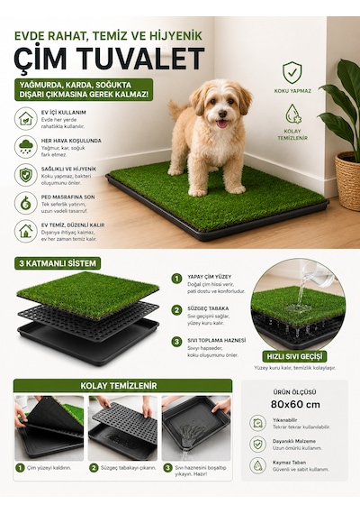 Pro Akıllı Çim Tuvaleti Köpek Kedi İçin 3 Katmanlı Yıkanabilir Hazneli 80x60 Büyük Boy