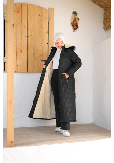 Harman Butik Kadın Tam Kürklü Kapüşonlu Kapitone Mont Siyah Siyah