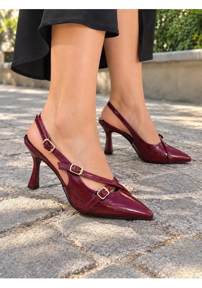 Asmi Shoes Kadın Penida Bordo Rugan 7 Cm Topuklu Tokalı Ayakkabı