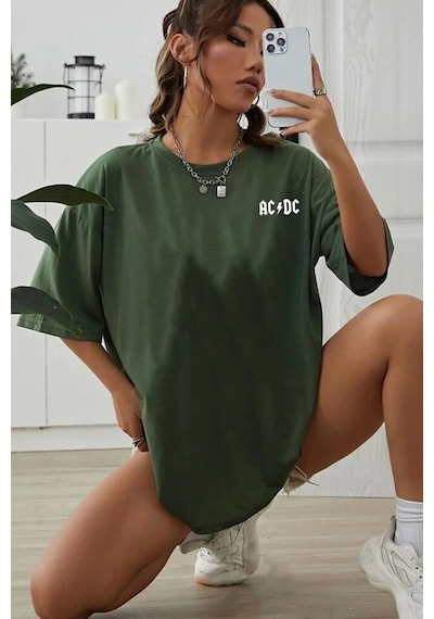 Unisex Acdc Baskılı T-shirt Yeşil