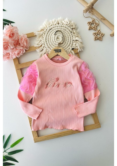 Miniğimin Cicileri Kol Tül Detaylı Taş İşleme Kız Çocuk Sweat... Somon