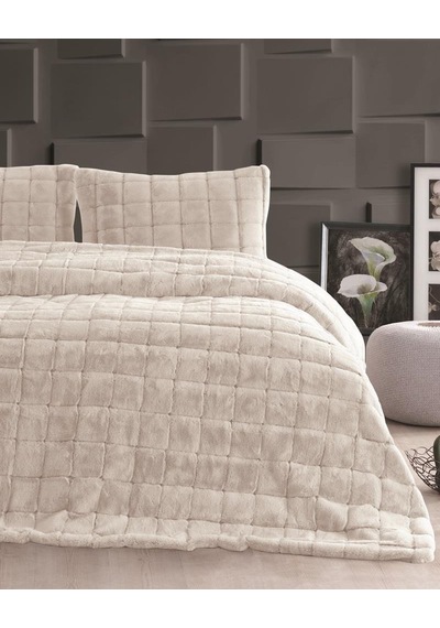Merinos Luxe 3 Parça Çift Kişilik Yatak Örtüsü Seti Kutulu 230x250 Kareli Bej Bej