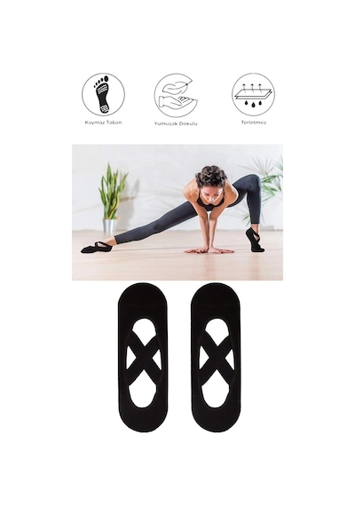 2 Adet Kadın Kaydırmaz Tabanlı Yoga Pilates Fitness Dans Ve Spor Çorabı Siyah