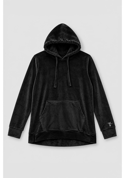 Markapia Kadın Kapüşonlu Cepli Kol Detaylı Kadife Dokulu Sweatshirt SiYAH