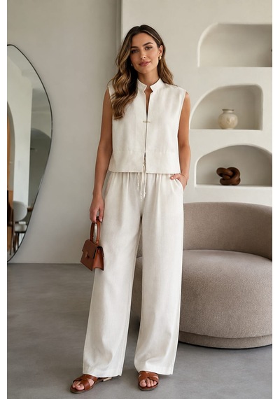 Unika Boutique Kadın Keten Yelekli Takım Taş