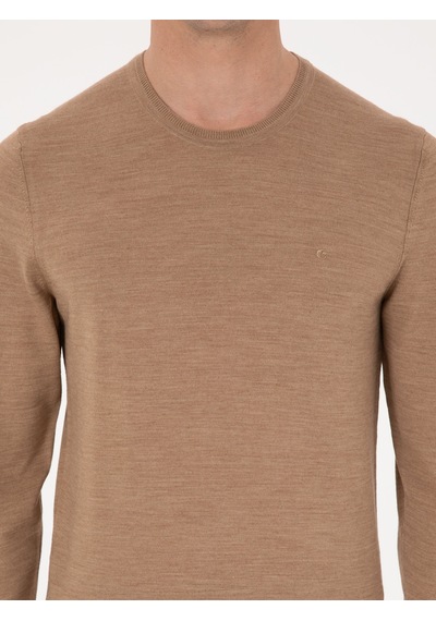 Cacharel Camel Slim Fit Yün Karışımlı Bisiklet Yaka Basic Triko Kazak Kahverengi
