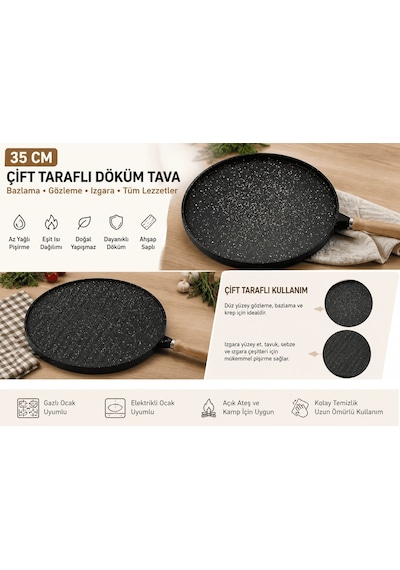 35 Cm Döküm Gözleme Tavası Çift Taraflı Bazlama Izgara Tavası Ahşap Saplı Yapışmaz Sarı