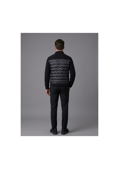 Hk Premium Erkek Mont Daire Baskı Örme Triko %100 Polyester Dik Yaka Ceket Siyah